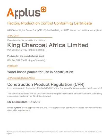 Applus+ factory production control conformity certificate to EN 13986