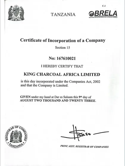 BRELA certificate of incorporation of a company