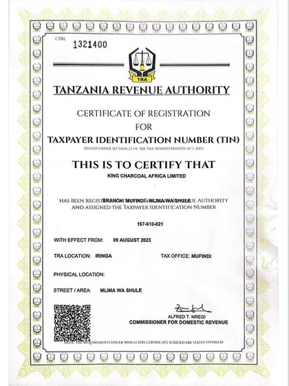 Tanzania Revenue Authority taxpayer identification number certificate
